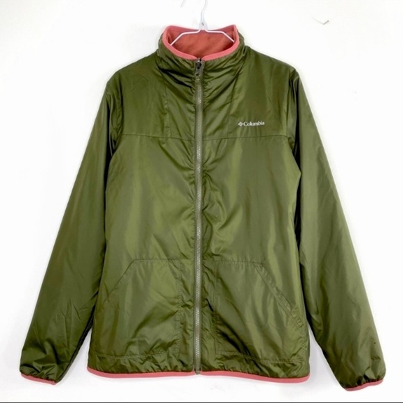 COLUMBIA Reversible Fleece-Line Zip up Winter Jacket in Olive Green with Pink - Picture 3 of 9